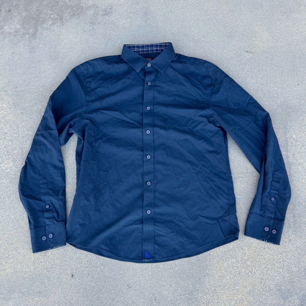 UNTUCKit Mens Medium Navy Blue Wrinkle Free Regular Fit Long Sleeve Button Shirt